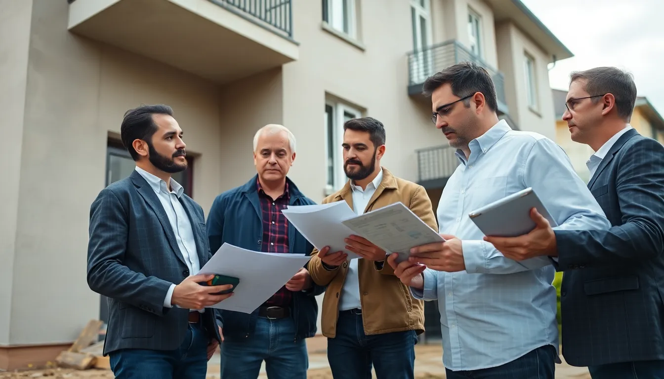 Quatre professionnels effectuant un diagnostic de performance énergétique sur un site résidentiel, examinant des rapports et mesurant la consommation d'énergie.