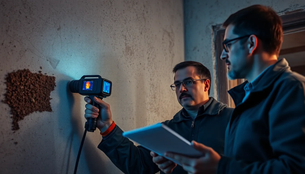 Deux professionnels en inspection d’un bâtiment ancien pour détection de termites, utilisant un appareil de thermographie infrarouge dans un cadre lumineux.