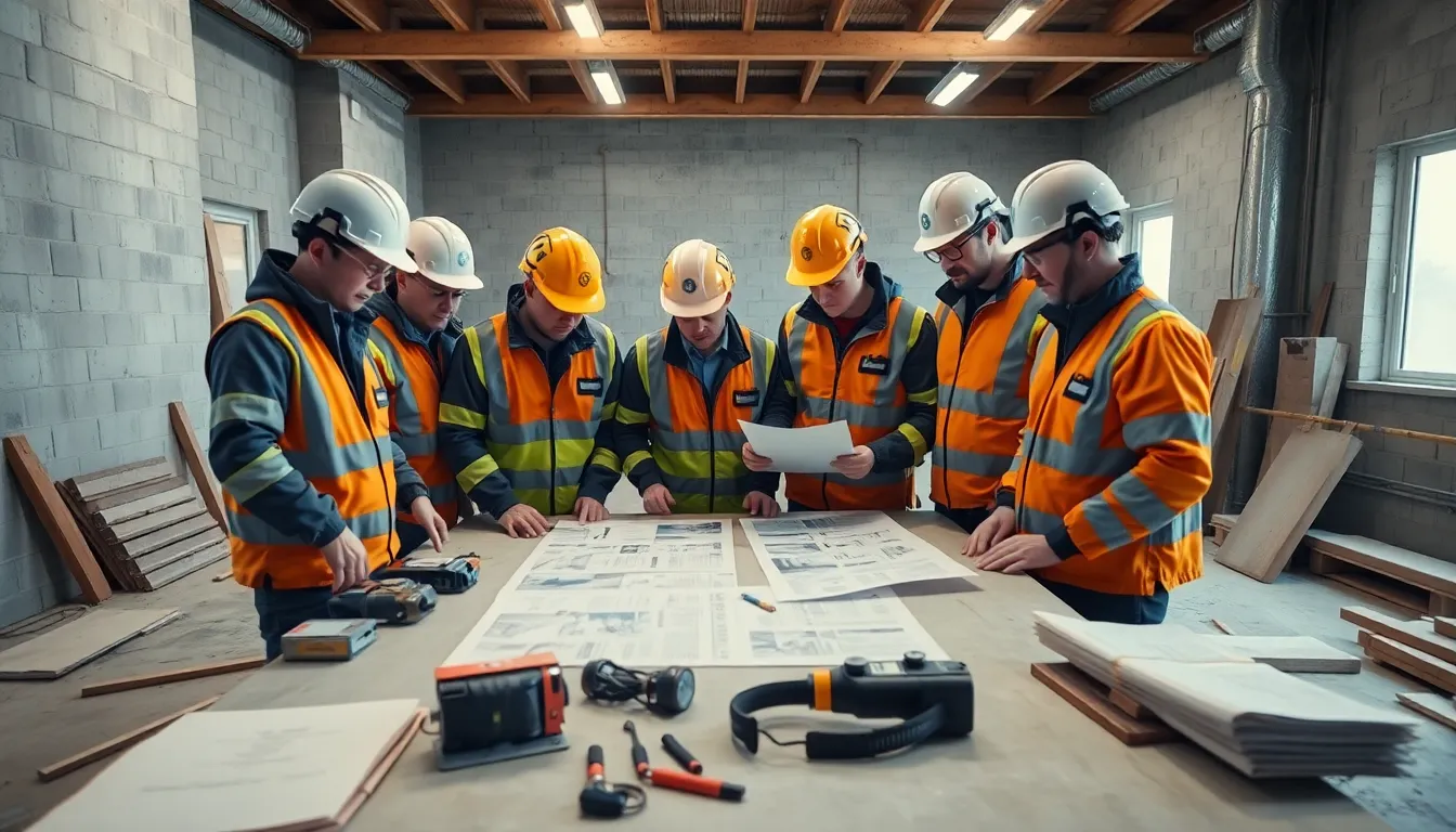 Cinq professionnels en tenue de sécurité inspectant un site de construction pour un diagnostic plomb, avec des rapports détaillés sur une table.