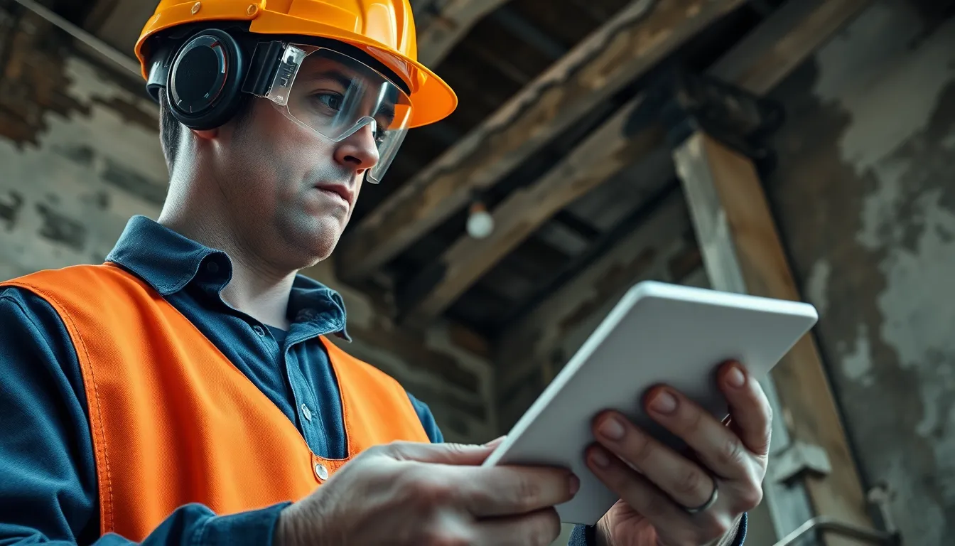 Un professionnel inspectant un vieux bâtiment pour détecter la présence d'amiante, avec kit de test en main. L'image met en avant les normes de sécurité et le sérieux dans le diagnostic immobilier.