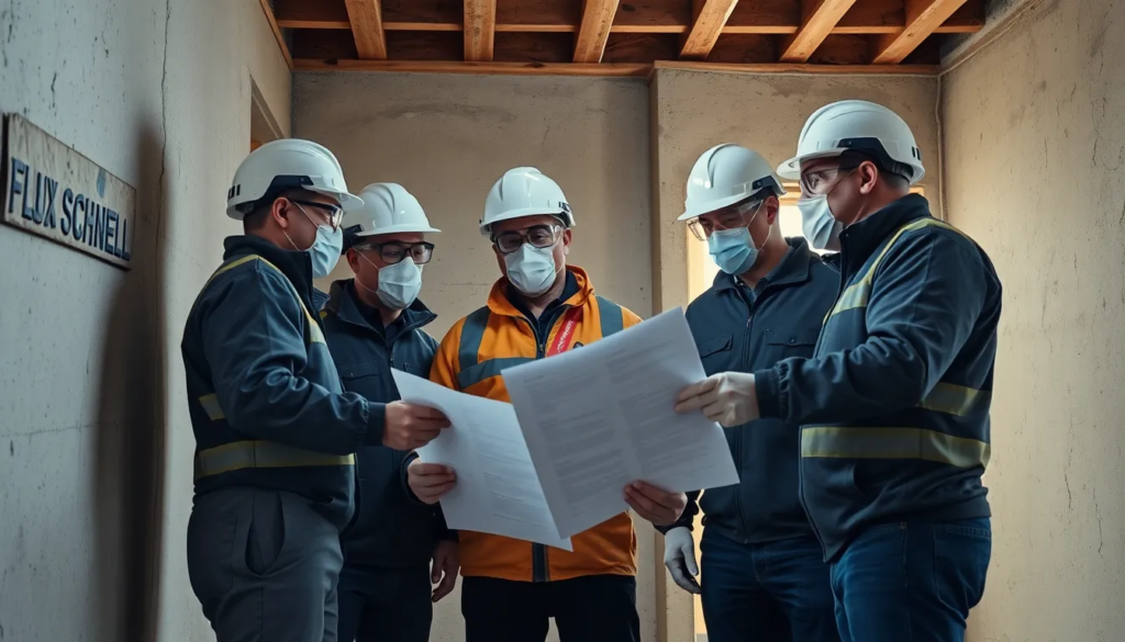 Cinq professionnels en équipements de protection inspectant un bâtiment résidentiel pour détecter l'amiante, avec un rapport en main et des outils modernes de diagnostic.