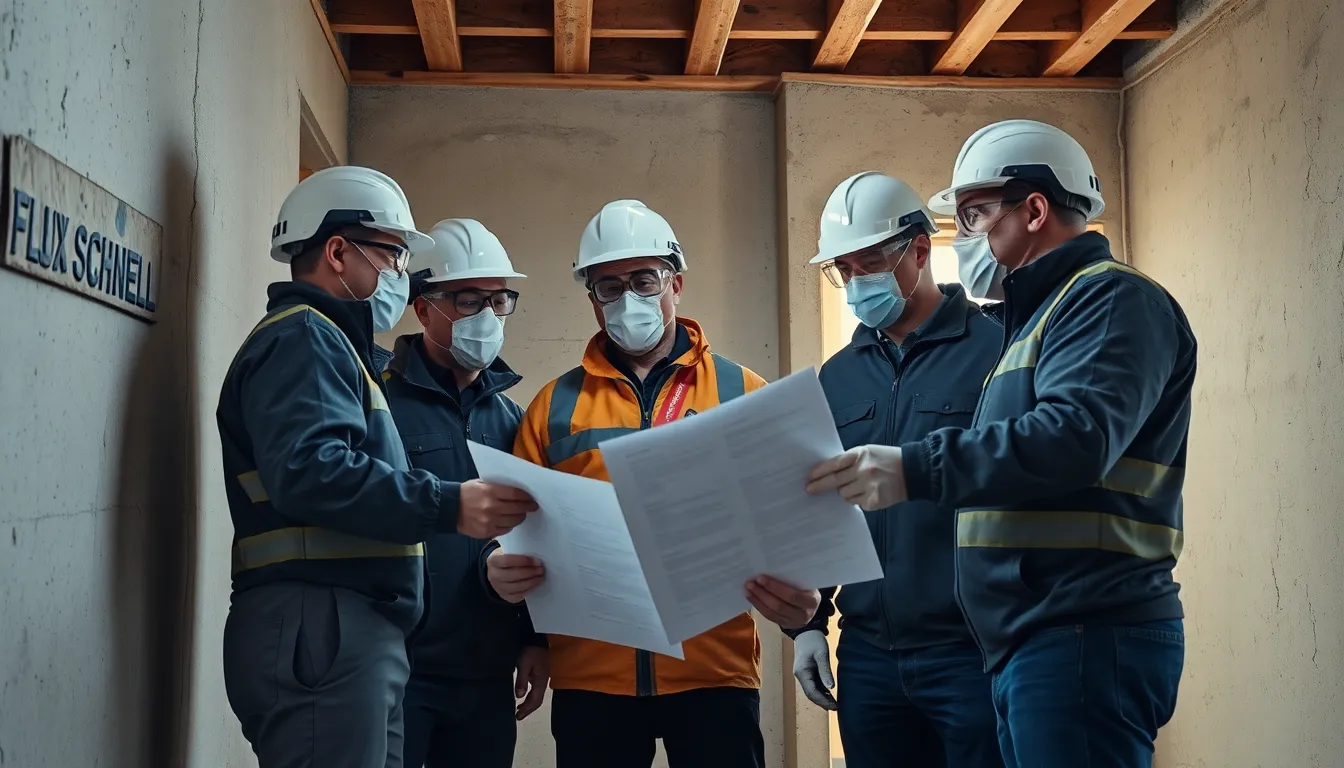 Cinq professionnels en équipements de protection inspectant un bâtiment résidentiel pour détecter l'amiante, avec un rapport en main et des outils modernes de diagnostic.