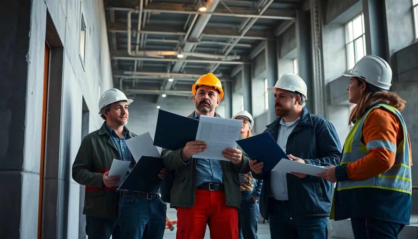 Cinq professionnels sur un chantier discutant des résultats d'un diagnostic immobilier pendant une inspection de bâtiment, avec équipement de sécurité visible.