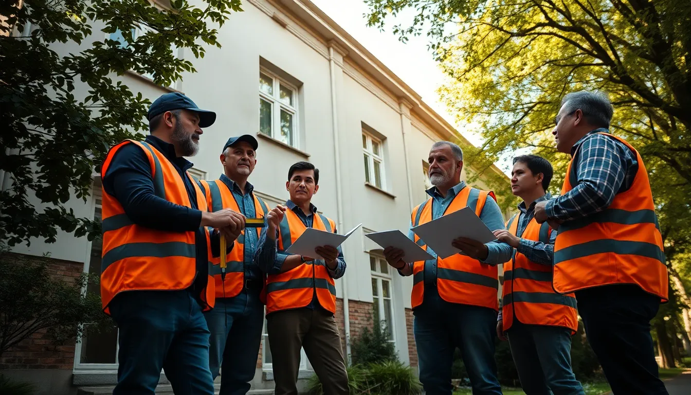 Équipe de cinq professionnels en gilets de sécurité inspectant un bâtiment résidentiel ancien avec un outil de mesure et prenant des notes sur les défauts apparents.