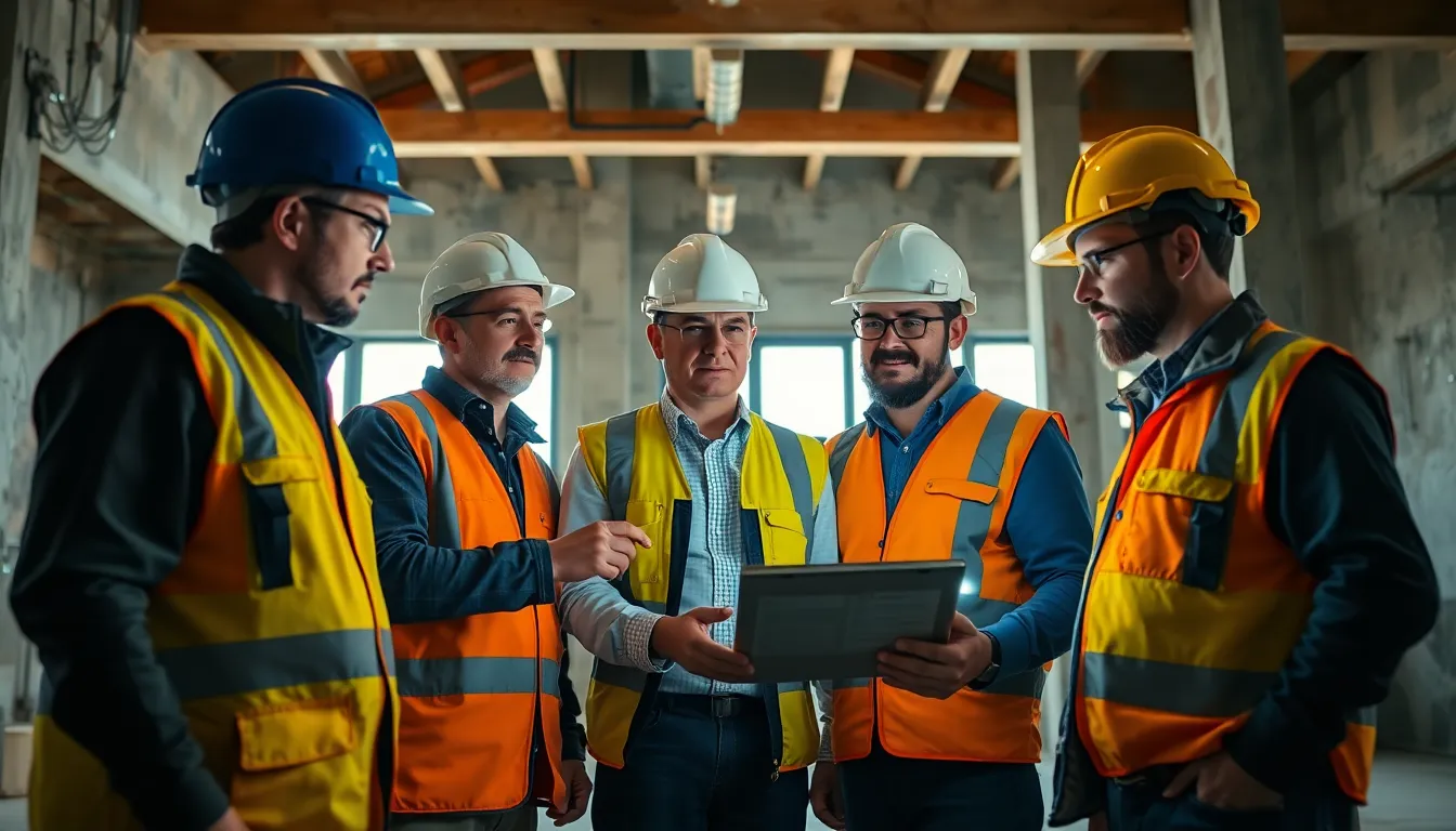 Cinq professionnels sur un chantier inspectant une structure résidentielle lors d'un diagnostic plomb, utilisant une tablette numérique pour discuter des résultats.