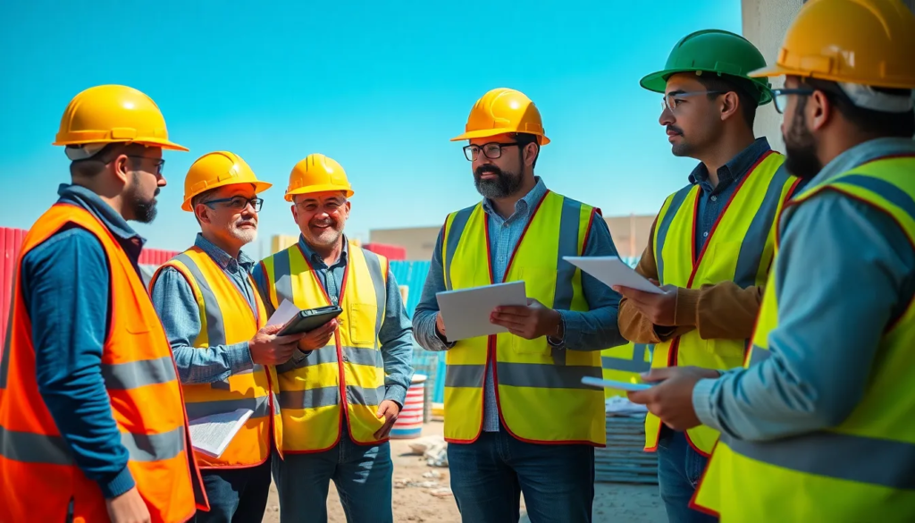Cinq professionnels du diagnostic immobilier inspectant un bâtiment ancien pour détecter l'amiante avec des appareils de mesure sur un chantier.
