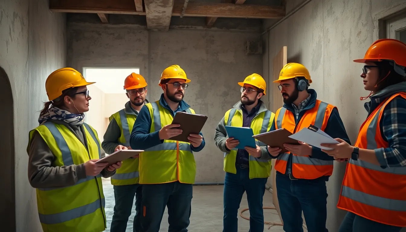 Cinq professionnels en tenue de sécurité inspectant un bâtiment résidentiel ancien pour détecter la présence d'amiante et de plomb, mettant en avant l'importance des diagnostics immobiliers.