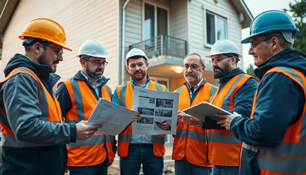 Cinq professionnels en tenue de sécurité inspectant un bâtiment résidentiel, discutant des résultats d'un diagnostic avec un QR code sur un rapport.