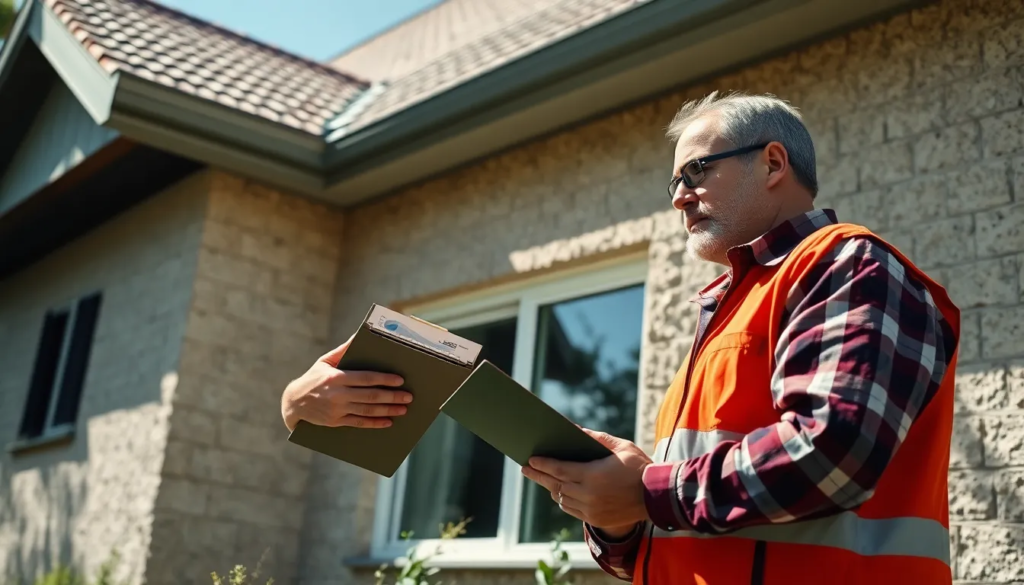 Technicien en diagnostic de performance énergétique inspectant l'extérieur d'un bâtiment résidentiel, prenant des notes sur un clipboard avec un graphique de performance énergétique affiché.