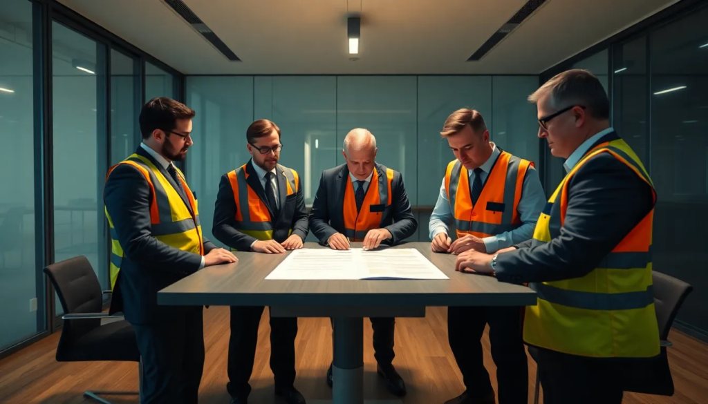 Cinq professionnels en réunion dans un bureau moderne examinent un document État des Risques et Pollutions, illustrant l'importance des diagnostics immobiliers.