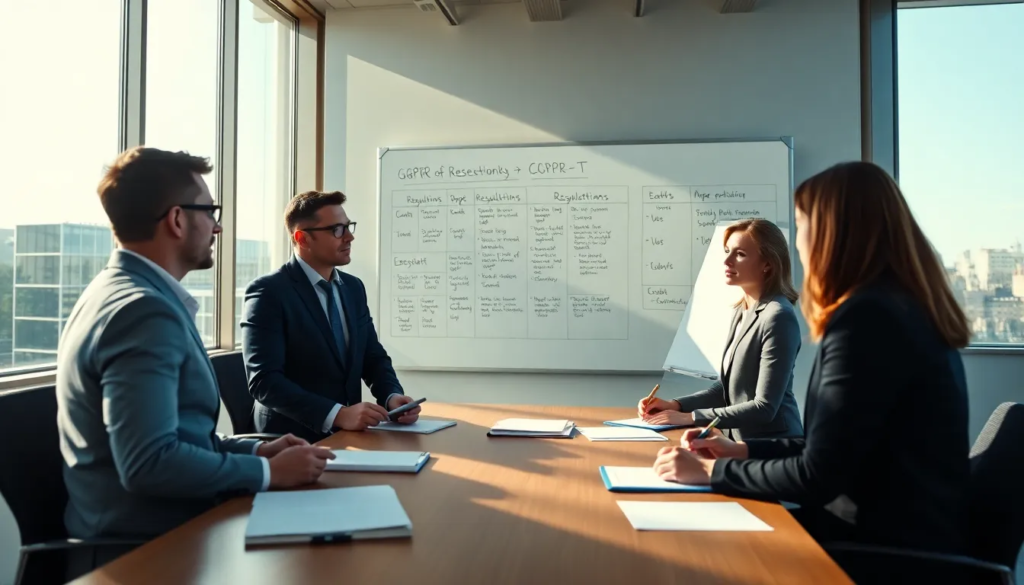 Cinq professionnels dans un bureau moderne discutant d'analyses d'impact sur la protection des données, entourés de graphiques sur le RGPD et la LCB-FT.