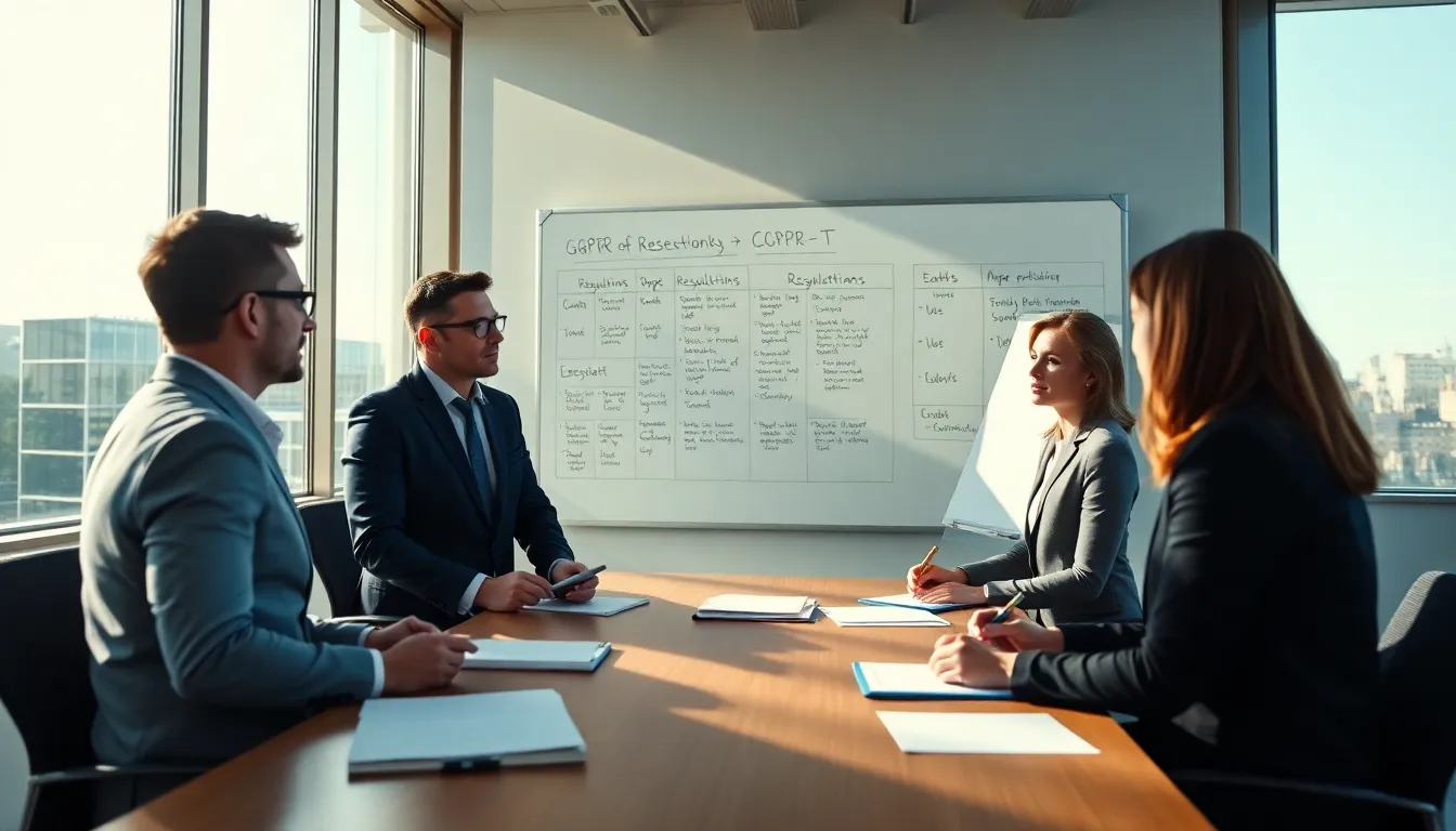 Cinq professionnels dans un bureau moderne discutant d'analyses d'impact sur la protection des données, entourés de graphiques sur le RGPD et la LCB-FT.