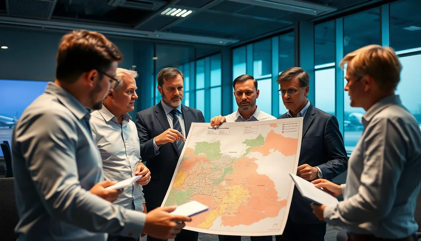 Professionnels analysant une carte de pollution sonore à l'aide d'un rapport diagnostic ENSA dans une salle de conférence moderne, avec une vue sur un aéroport en arrière-plan.