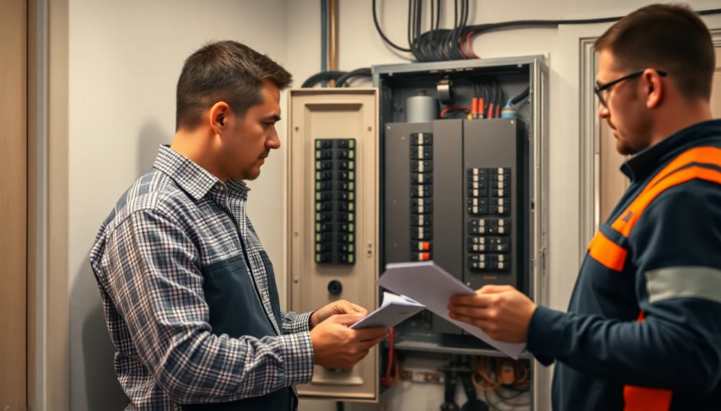 Un professionnel certifié effectuant un diagnostic électrique dans un bâtiment résidentiel, inspectant le tableau de répartition électrique avec un membre de l'équipe prenant des notes.