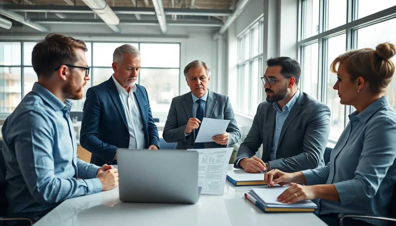 Groupe de cinq professionnels discutant d'un rapport de diagnostic amiante dans un bureau moderne, avec des graphiques et des notes sur la table.