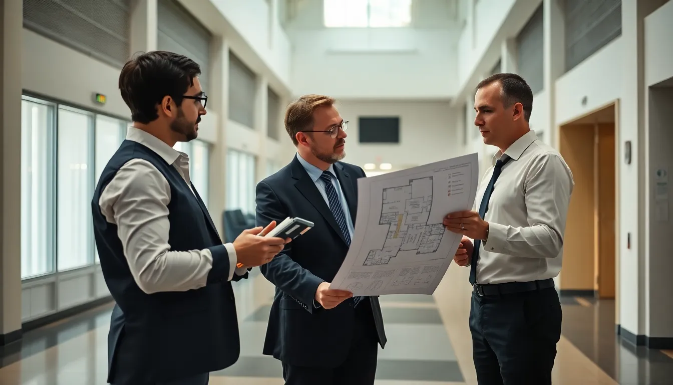 Équipe de professionnels effectuant un diagnostic d'accessibilité dans un bâtiment public à Chanteloup-les-Vignes, examinant un plan d'étage et discutant des adaptations nécessaires pour les personnes à mobilité réduite.