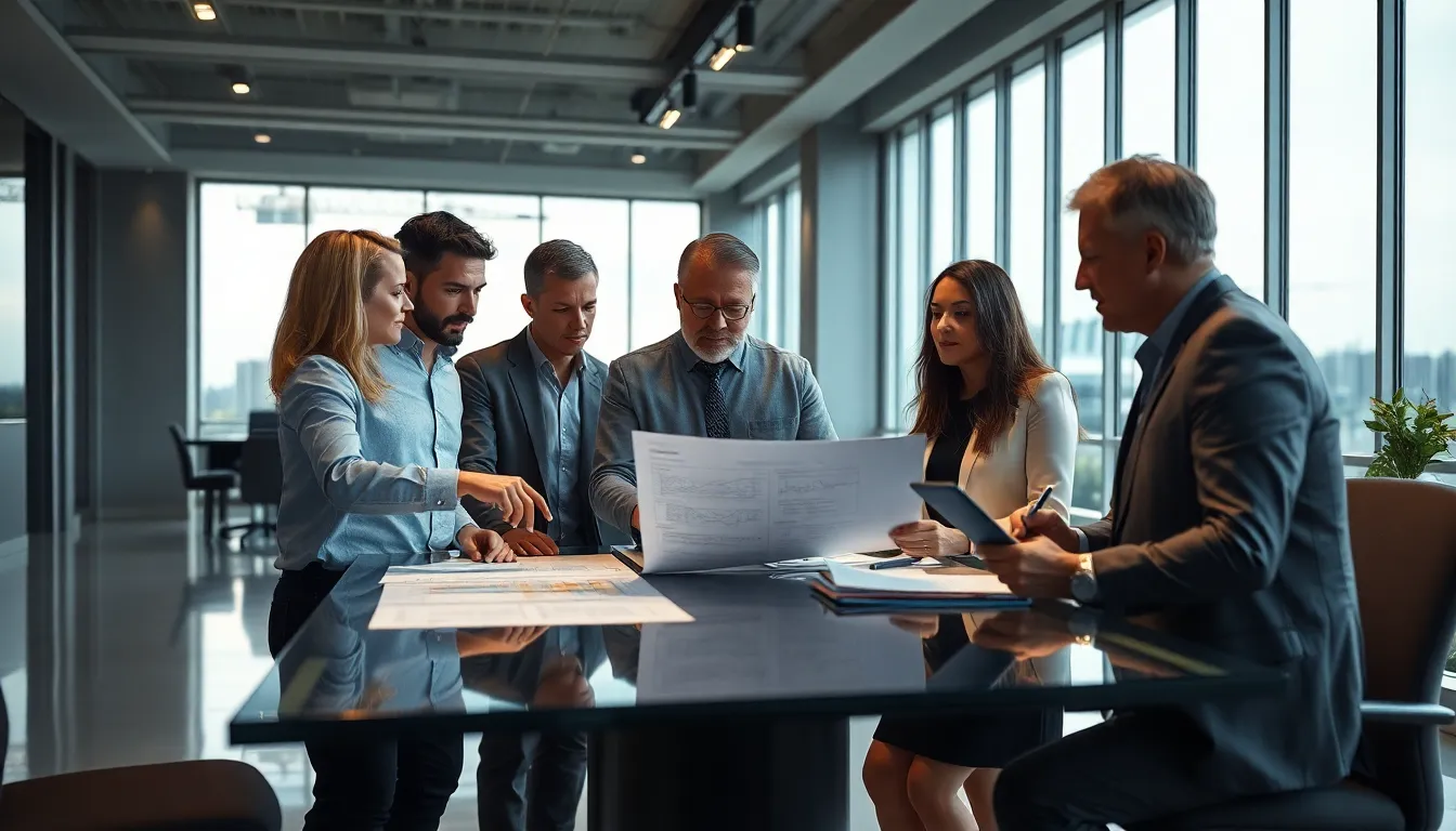 Cinq professionnels dans un bureau moderne examinant un rapport d'inspection de bâtiment, avec un éclairage élégant et un environnement professionnel.