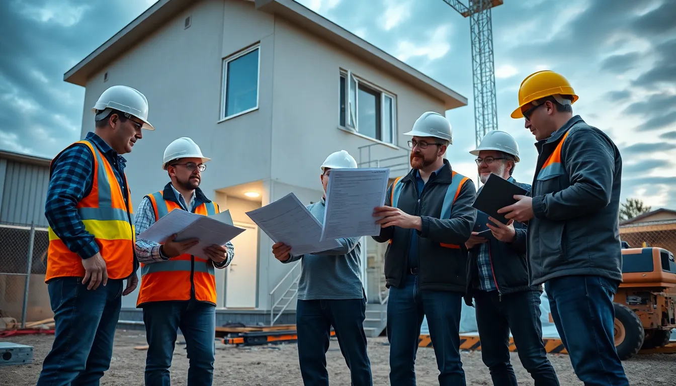 Cinq professionnels sur un chantier inspectant un bâtiment résidentiel pour un audit énergétique, avec des rapports de performance énergétique en main.