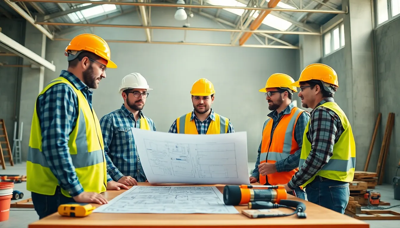Cinq professionnels discutant de la rénovation énergétique sur un chantier, entourés de plans et de matériel moderne, mettant en avant la conformité aux aides publiques.