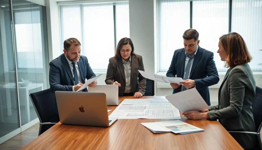 Un groupe de cinq professionnels dans une salle de réunion bien éclairée discutant de la création d'un ordre des diagnostiqueurs immobiliers, avec des plans architecturaux et des rapports DPE sur la table.
