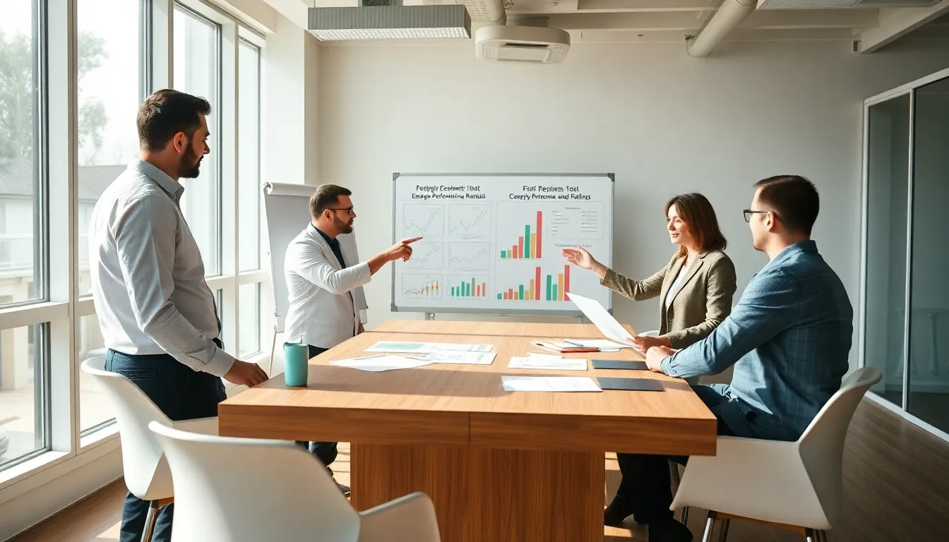 Cinq professionnels réunis dans une salle de réunion lumineuse discutant des nouvelles régulations DPE, avec des graphiques et des documents sur la table.