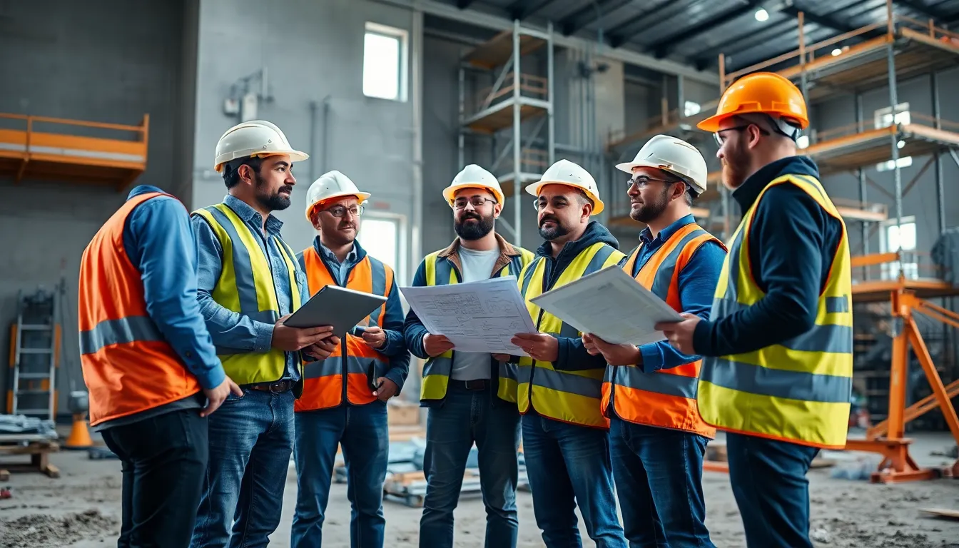 Cinq professionnels sur un chantier inspectent un bâtiment résidentiel pour un audit énergétique, utilisant des tablettes numériques et des plans dans un environnement de travail sécurisé.