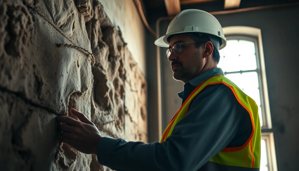 Un professionnel inspectant un bâtiment ancien pour la recherche d'amiante, portant un casque de sécurité et un gilet de haute visibilité, dans un environnement de travail sérieux.