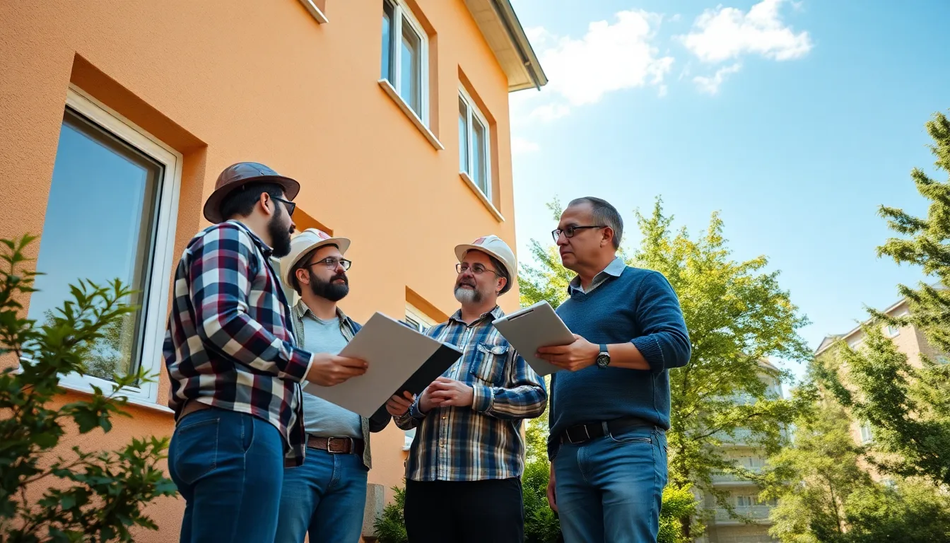 Quatre professionnels inspectant la façade d'un immeuble résidentiel, discutant des travaux de rénovation énergétique avec un clip board à la main.