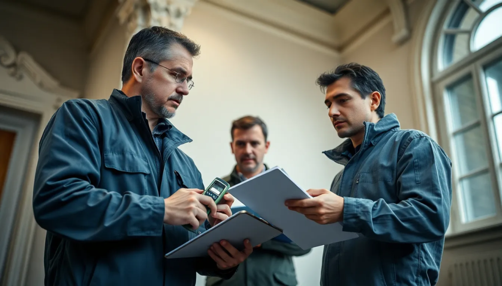 Deux inspecteurs vérifiant un bâtiment résidentiel pour détecter la présence d'amiante, avec un environnement professionnel et bien éclairé.