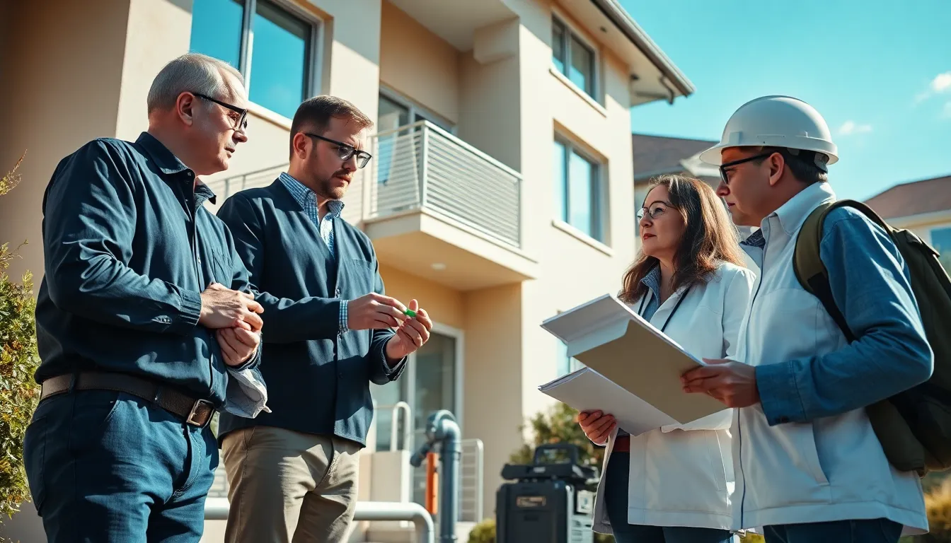 Quatre professionnels inspectent un bâtiment résidentiel pour des diagnostics de canalisations d'eau, avec équipement professionnel et notes sur une planche.
