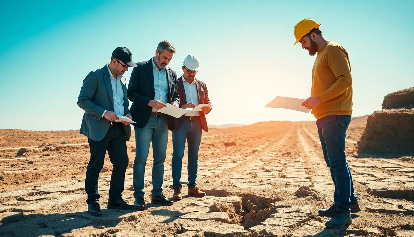 Équipe de cinq professionnels inspectant un site de construction touché par la sécheresse, discutant de la reconnaissance de l'état de catastrophe naturelle et examinant les dommages au sol.
