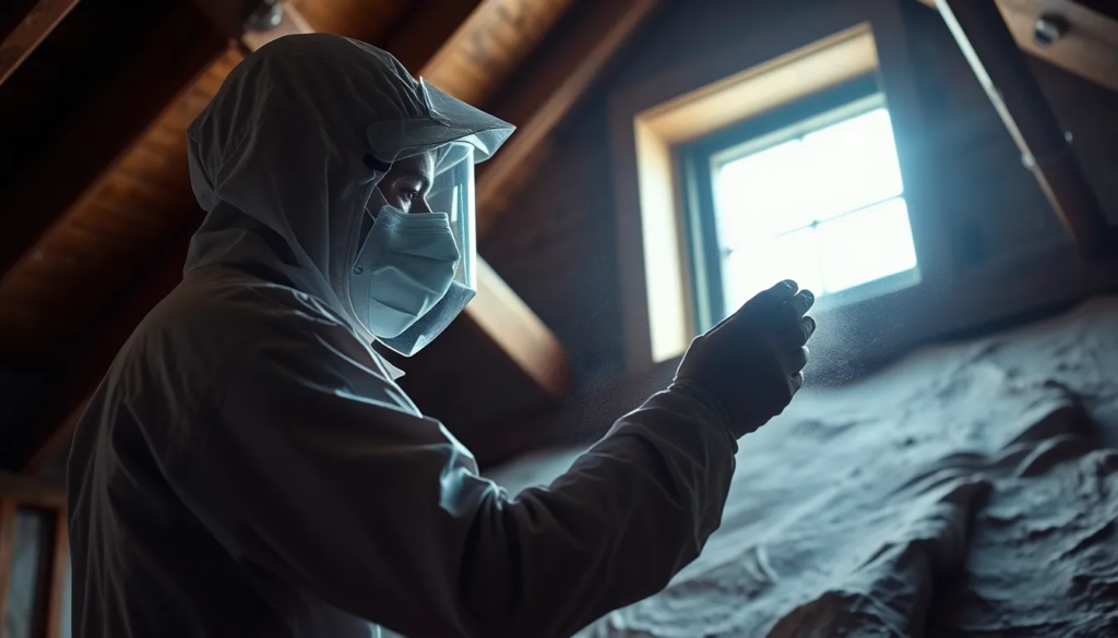 Technicien inspectant un bâtiment résidentiel pour détecter la présence d'amiante, portant une combinaison de protection dans des combles avec une lumière naturelle.