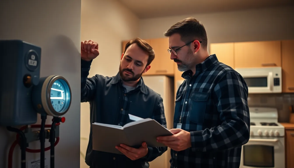 Deux professionnels inspectant un bâtiment résidentiel pour un diagnostic gaz, avec un compteur de gaz et des notes sur un carnet.