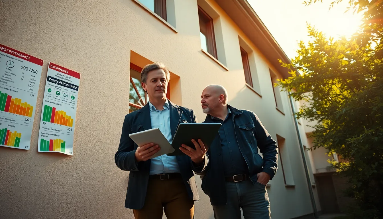 Deux professionnels inspectant un bâtiment résidentiel pour un diagnostic de performance énergétique, l'un prenant des notes sur une tablette tandis que l'autre examine les murs extérieurs.