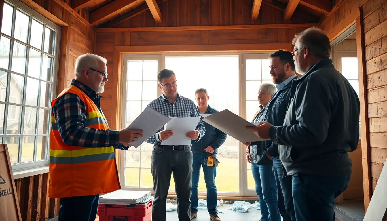 Cinq professionnels effectuant une inspection d'efficacité énergétique sur un bien résidentiel, analysant des rapports et inspectant l'isolation et les fenêtres.
