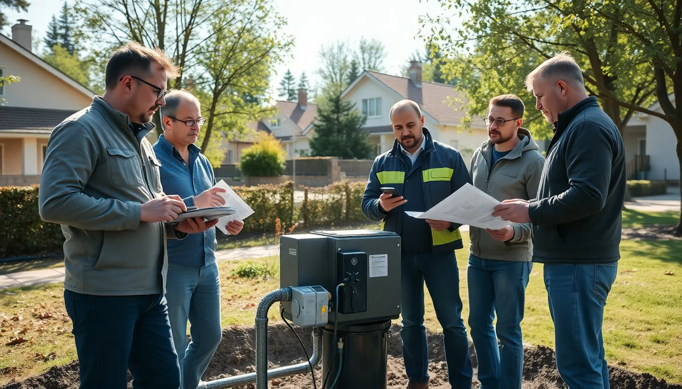 Quatre professionnels inspectant une installation d’assainissement non collectif à Andrésy, prenant des notes et photographiant l'équipement pour assurer la conformité environnementale.
