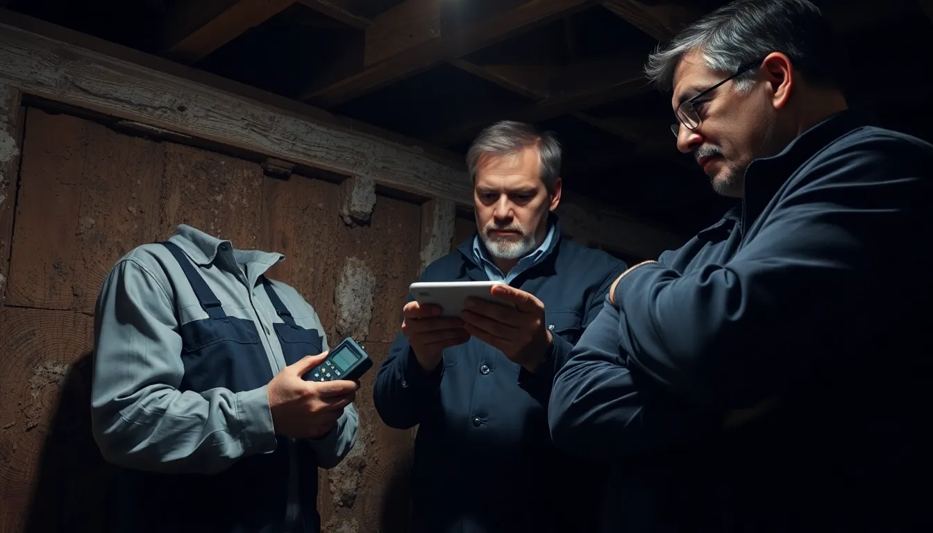 Trois professionnels inspectant une structure en bois dans un sous-sol à la recherche de signes de mérule, avec des outils spécialisés et une lumière ciblée.