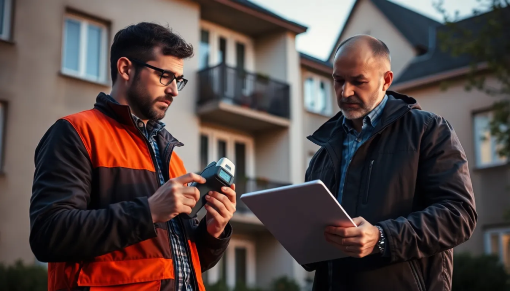 Deux professionnels inspectant un bâtiment résidentiel à Saint-Germain-en-Laye pour des niveaux de radon, avec un détecteur et un clipboard, illustrant l'expertise en diagnostics immobiliers.