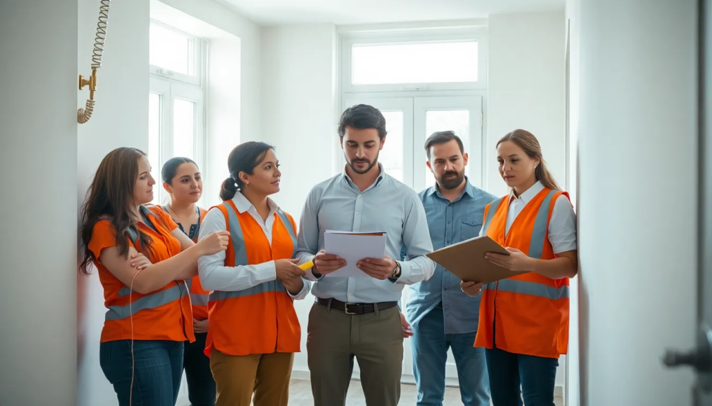 Une équipe de cinq professionnels effectuant une inspection sur site pour le constat de risque d'exposition au plomb dans un bâtiment résidentiel.