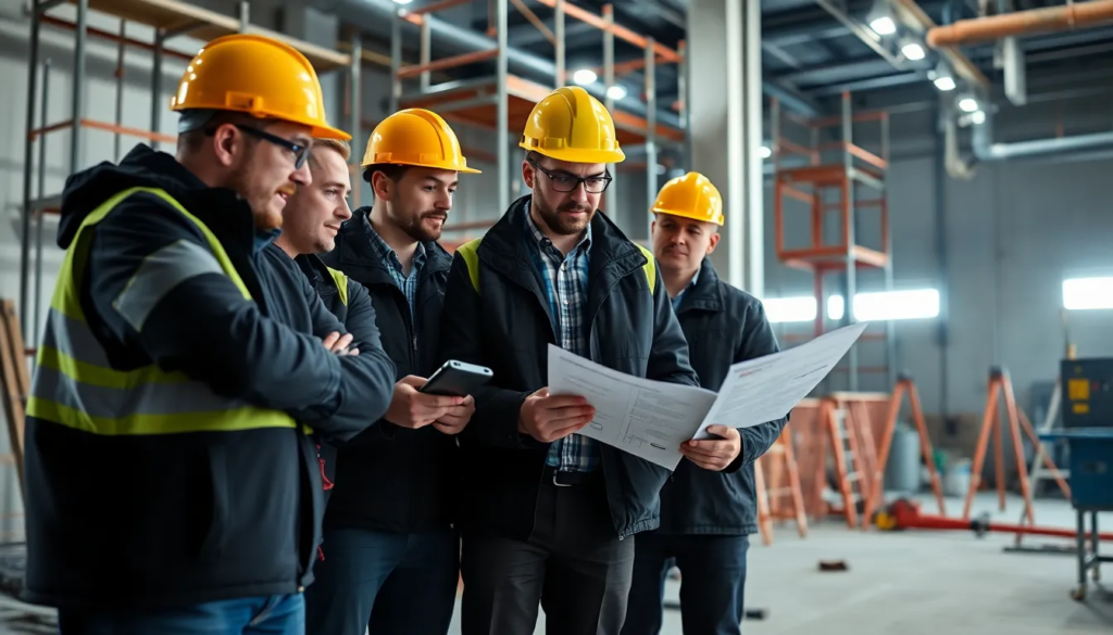 Cinq professionnels inspectant un système de détection de gaz sur un chantier, en train de consulter un rapport technique dans un environnement moderne.