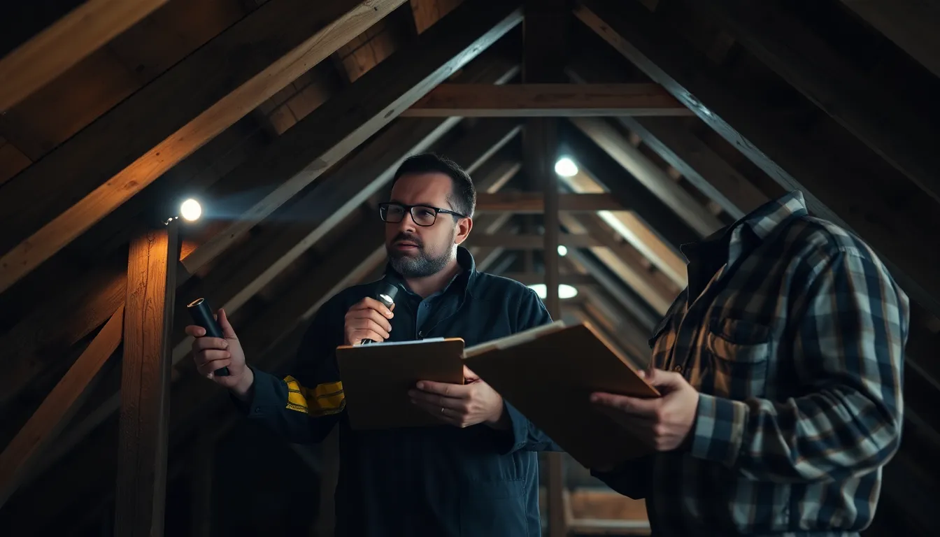 Deux professionnels inspectant une structure en bois dans un grenier sombre à la recherche de dommages causés par des termites, utilisant une lampe de poche et prenant des notes.