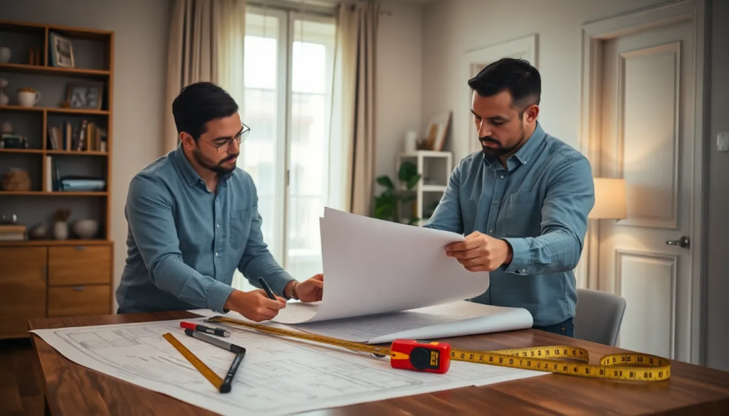 Deux professionnels utilisant des outils de mesure dans un immeuble résidentiel pour effectuer des mesures précises selon la Loi Carrez.