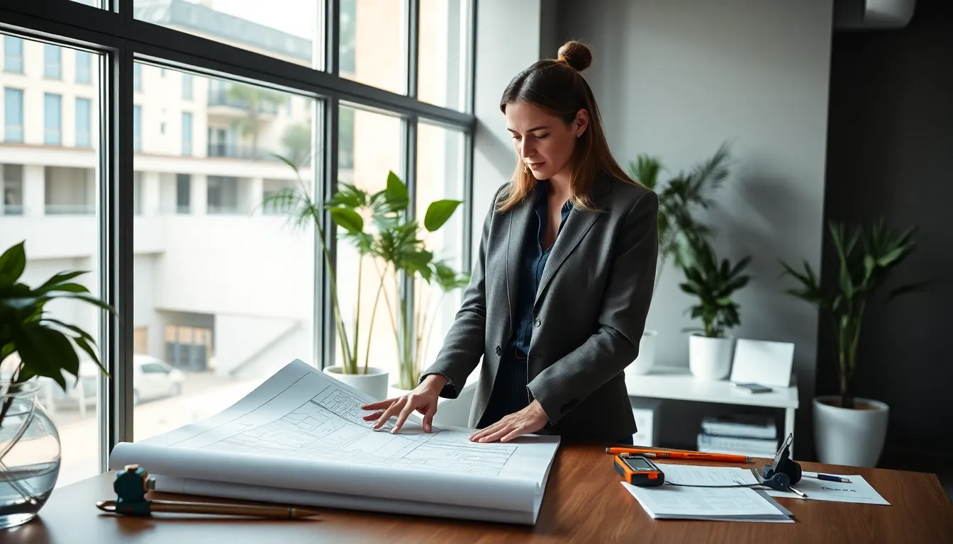 Cécile Thévenin, ingénieure, examinant des plans de rénovation immobilière dans un bureau moderne, avec des documents techniques sur la table et une lumière naturelle illuminant l'espace.