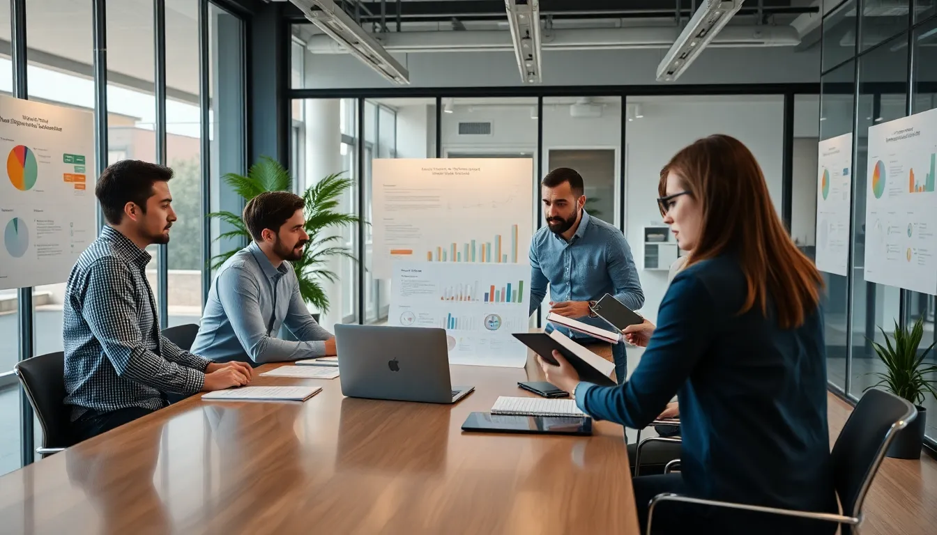 Groupe de cinq professionnels dans un bureau moderne discutant d'un plan pluriannuel de travaux pour une copropriété, avec des graphiques affichés sur les murs et des ordinateurs portables.