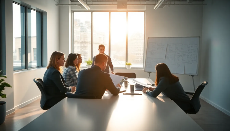 Équipe de six professionnels dans un bureau moderne discutant des changements apportés au programme MaPrimeRénov', avec des documents et un tableau blanc au centre.
