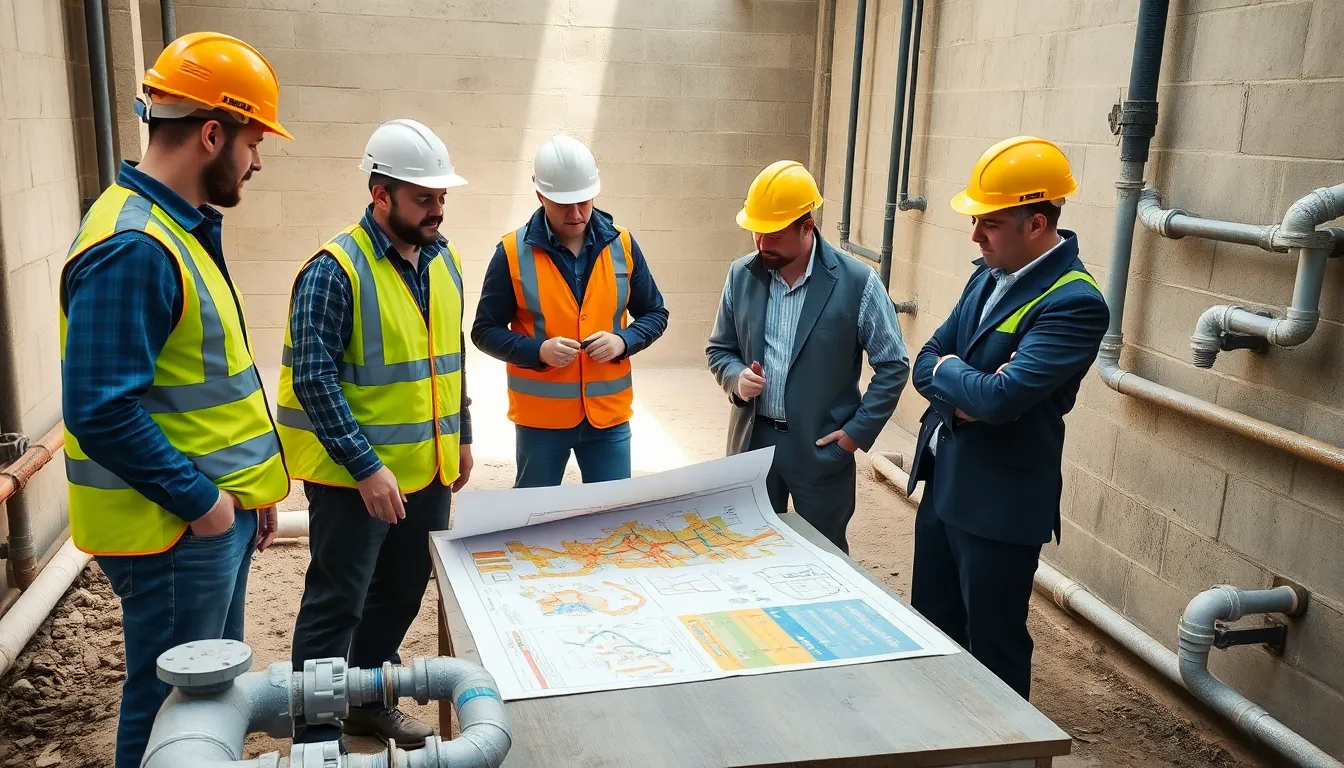 Cinq professionnels en tenue de sécurité inspectant un chantier de remplacement de canalisations en plomb, en train de discuter des solutions de plomberie modernes.
