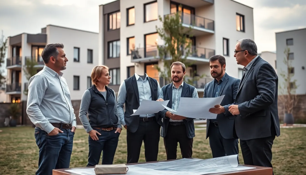 Cinq professionnels discutant des stratégies de rénovation pour le diagnostic de performance énergétique (DPE) autour d'une table avec des plans et rapports techniques, devant un bâtiment résidentiel moderne.