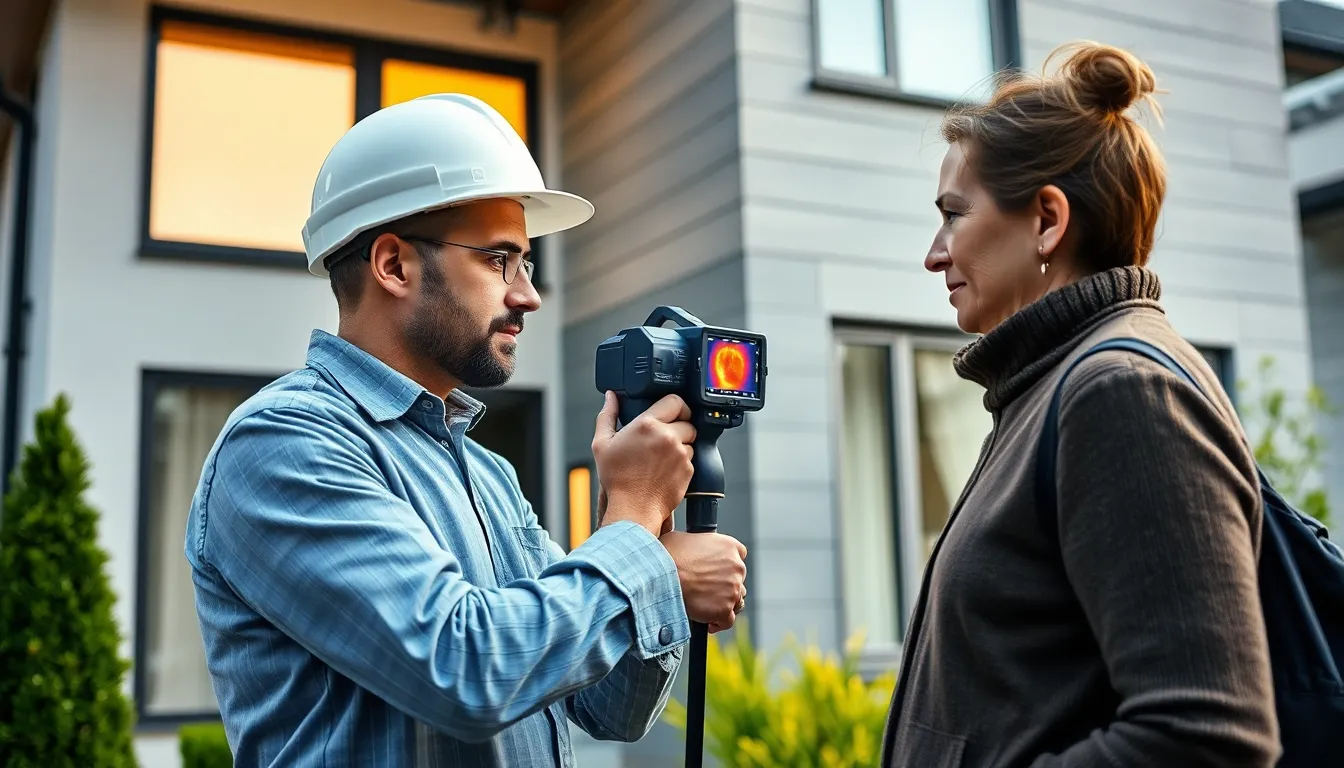 Un auditeur professionnel inspectant un bâtiment résidentiel économe en énergie avec une caméra thermique, accompagné d'un propriétaire intéressé par l'audit énergétique.