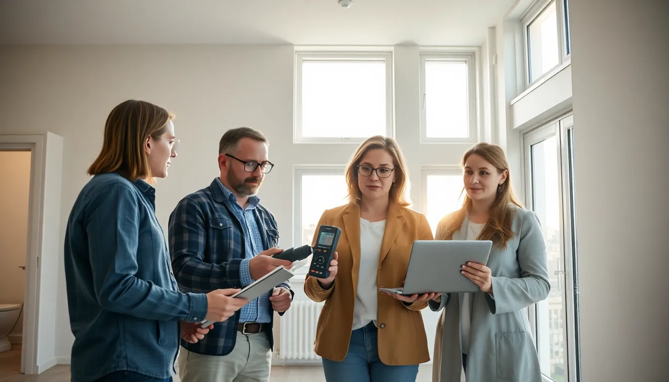 Une équipe de professionnels inspectant un bâtiment résidentiel près d'un aéroport, évaluant les caractéristiques d'isolation acoustique pour réduire les nuisances sonores aériennes.