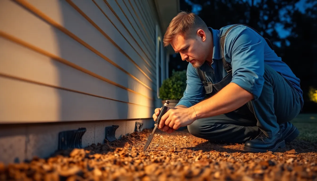 Un technicien qualifié inspectant les fondations d'une maison à la recherche de signes d'infestation de termites, utilisant des outils modernes dans un environnement professionnel.